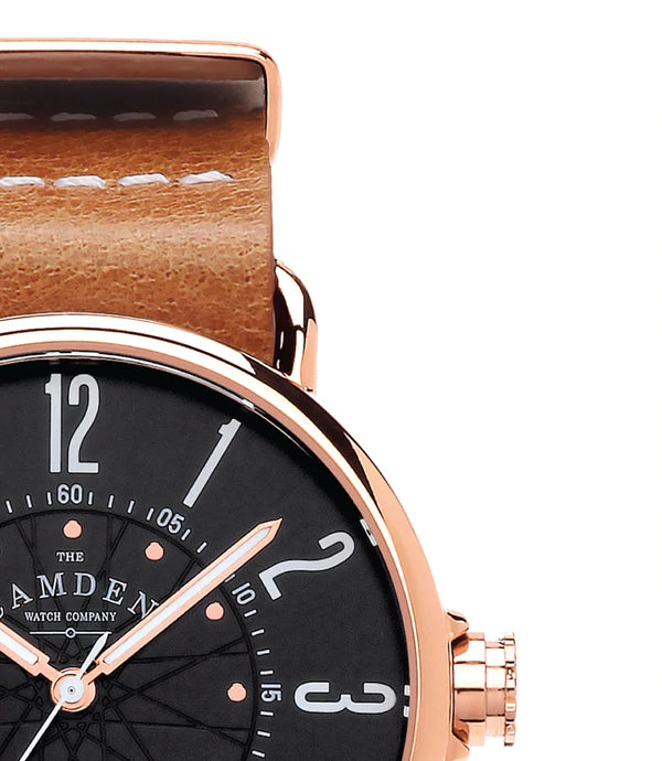 Black face mens watch by The Camden Watch Company with tan leather strap