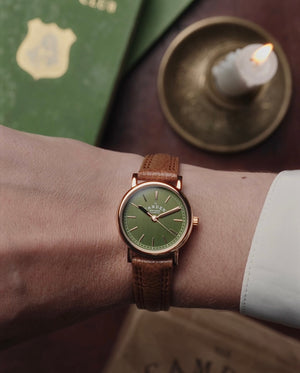 No.24 Rose Gold and Green on Tan Leather