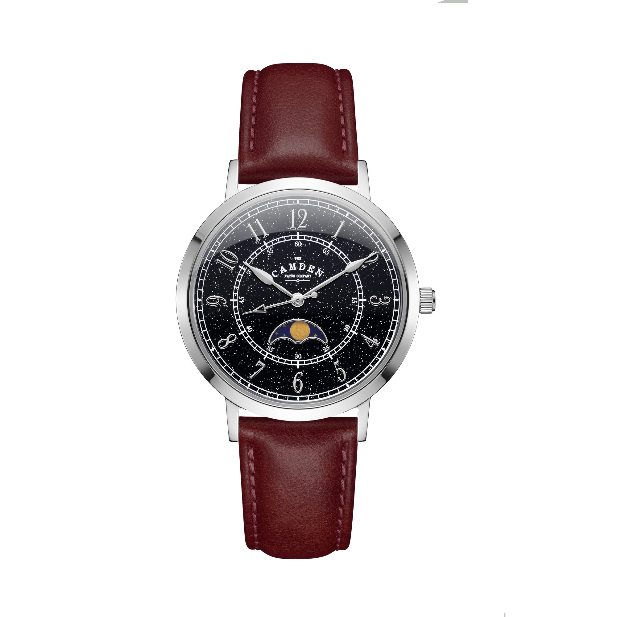 No.27 Moonphase Steel on Oxblood Leather