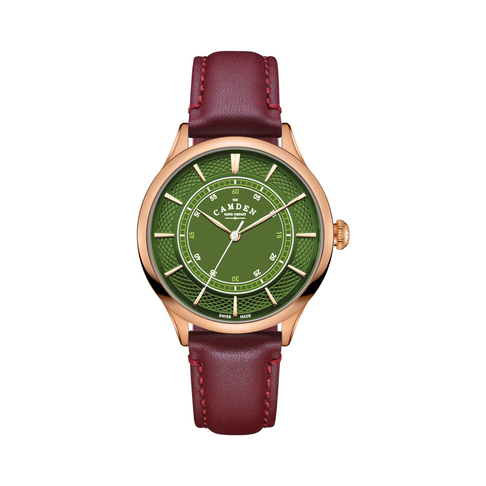 No.274 Swiss Made Quartz Rose Gold and Green on Oxblood Italian Leather