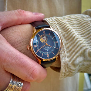 No.274 Open Heart Rose Gold and Blue on Black Italian Leather