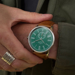 No.29 Steel and Green on Tan Leather