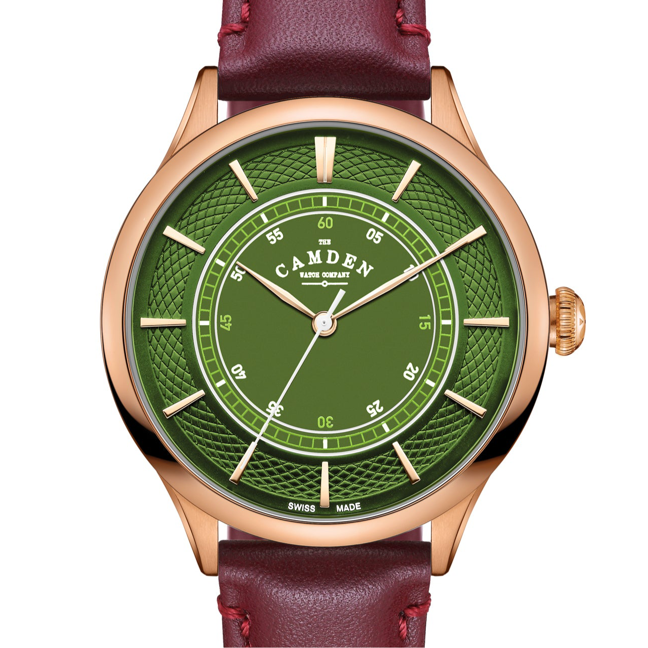 No.274 Swiss Made Quartz Rose Gold and Green on Oxblood Italian Leather