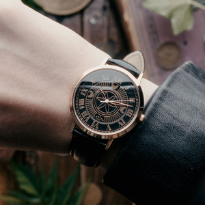 No.27 Witchcraft Rose Gold and Black on a Black Leather Strap