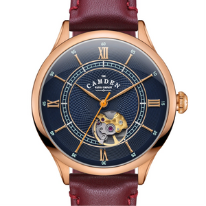 No.274 Open Heart Rose Gold and Blue on Oxblood Italian Leather