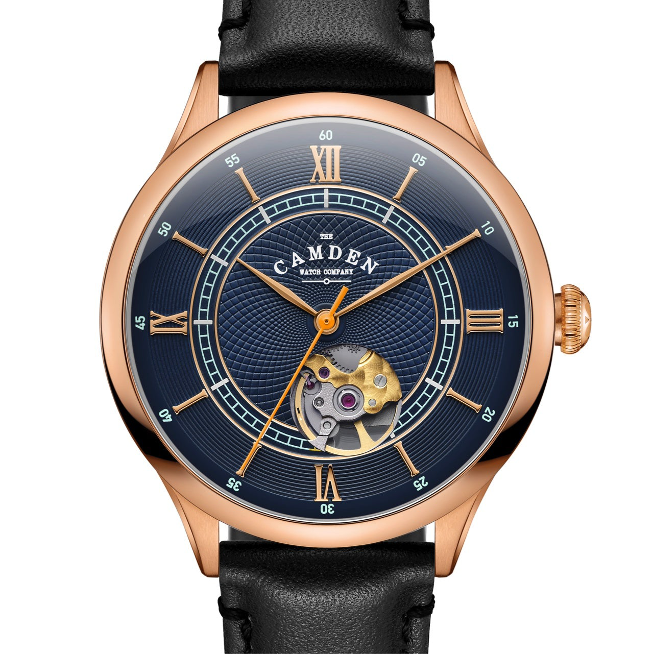 No.274 Open Heart Rose Gold and Blue on Black Italian Leather