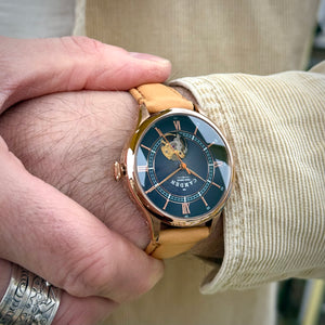 No.274 Open Heart Rose Gold and Blue on Tan Italian Leather