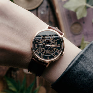 No.27 Witchcraft Rose Gold and Black on a Tan Leather Strap