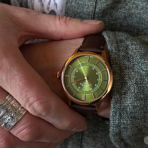 No.274 Swiss Made Quartz Rose Gold and Green on Brown Italian Leather