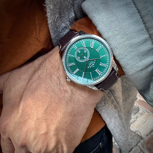 No.29 Steel and Green on Brown Leather