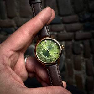 No.274 Swiss Made Quartz Rose Gold and Green on Brown Italian Leather