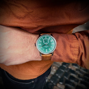 No.29 Steel and Green on Tan Leather