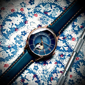 No.274 Open Heart Rose Gold and Blue on Blue Italian Leather