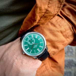 No.29 Steel and Green on Black Leather