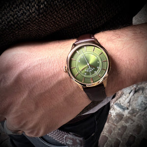 No.274 Swiss Made Quartz Rose Gold and Green on Brown Italian Leather