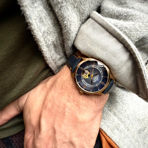 No.274 Open Heart Rose Gold and Blue on Brown Italian Leather