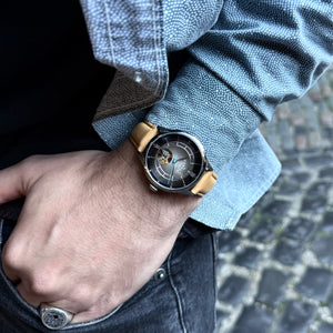 No.274 Open Heart Steel and Black on Tan Italian Leather