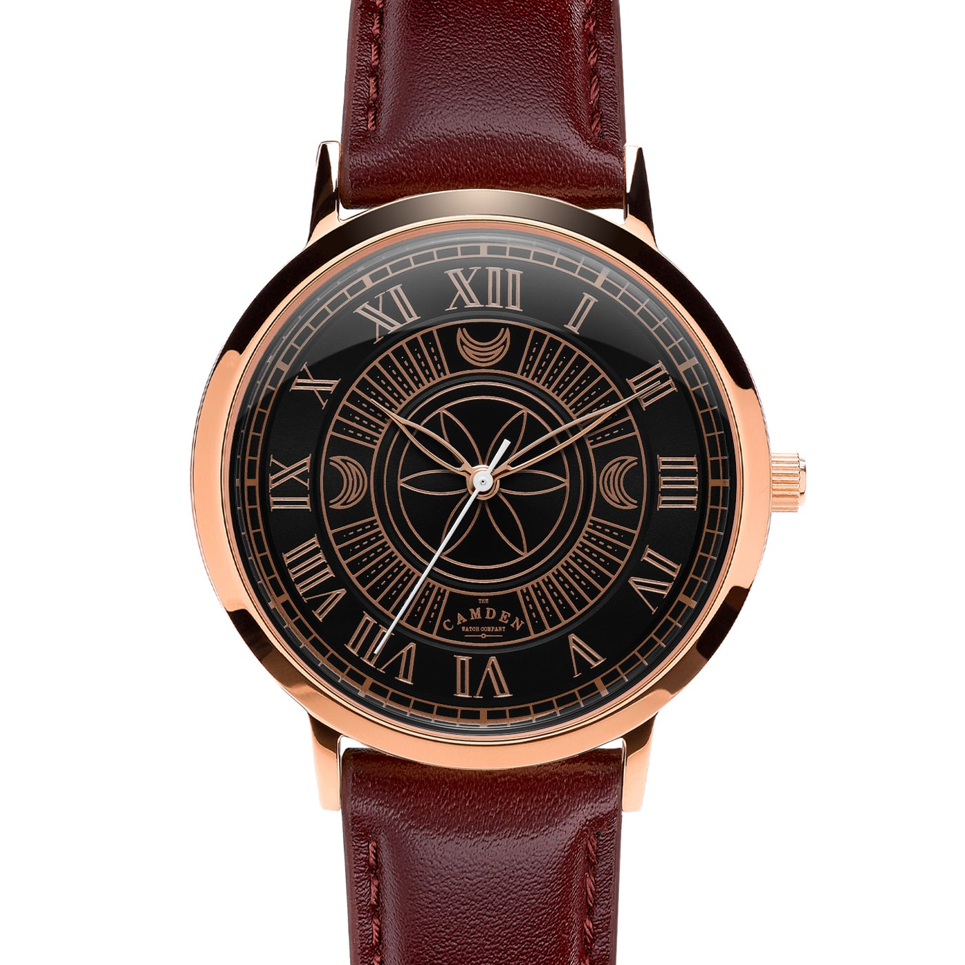 No.27 Witchcraft Rose Gold and Black on an Oxblood Leather Strap