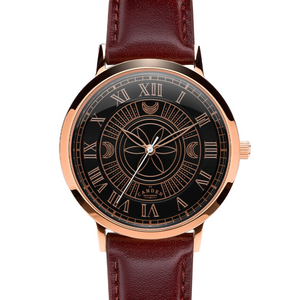 No.27 Witchcraft Rose Gold and Black on an Oxblood Leather Strap