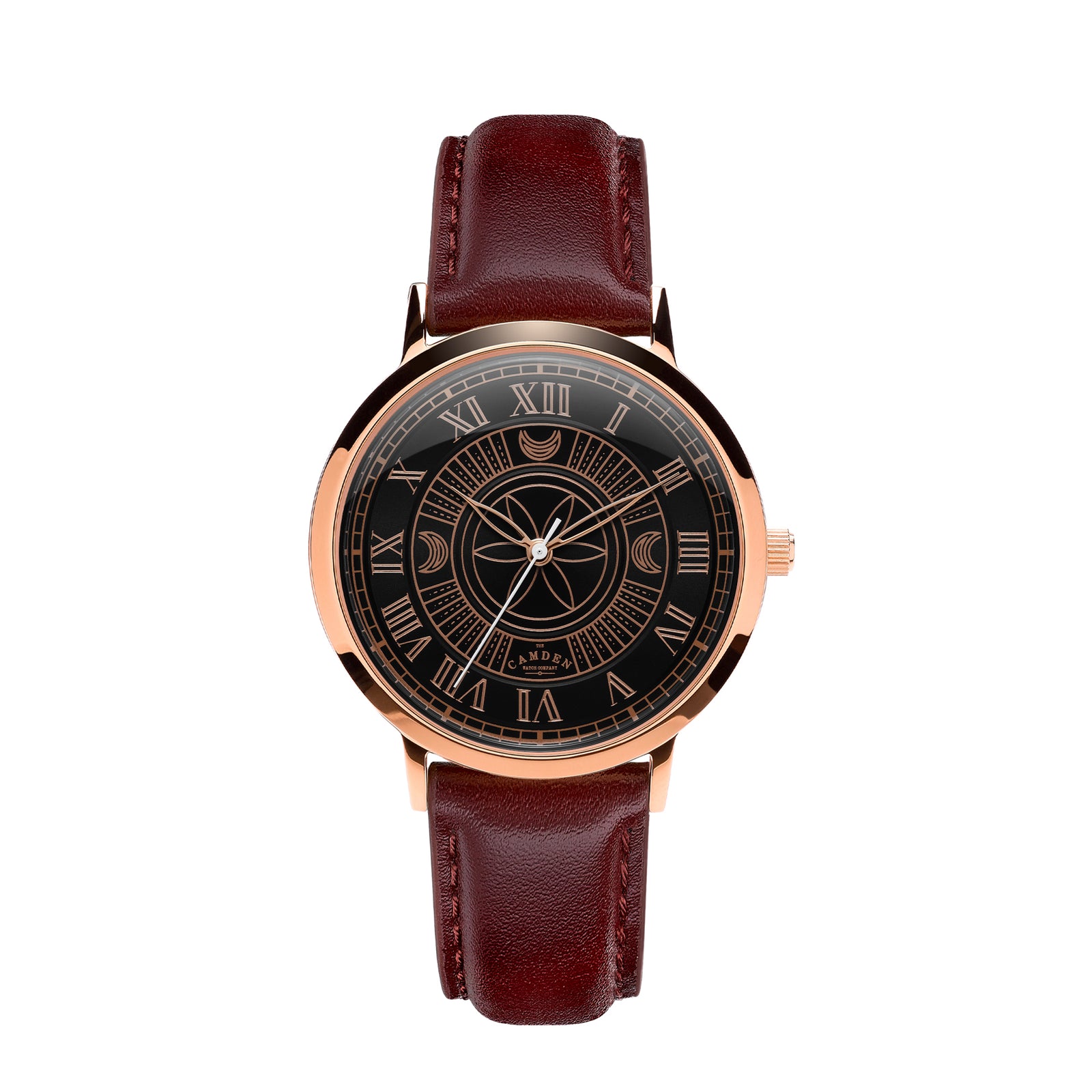 No.27 Witchcraft Rose Gold and Black on an Oxblood Leather Strap