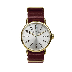 Camden Watch Company Unisex Watch Gold and Oxblood Leather  