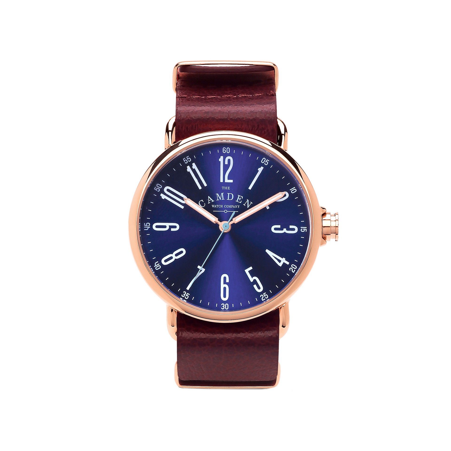 Camden Watch Company Rose Gold Watch Blue Dial and Oxblood Red Strap